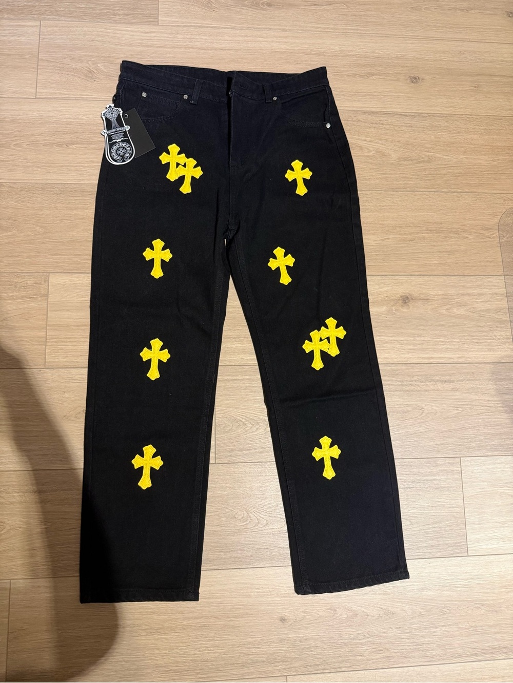Men's Black Jeans with Yellow Cross Appliqués